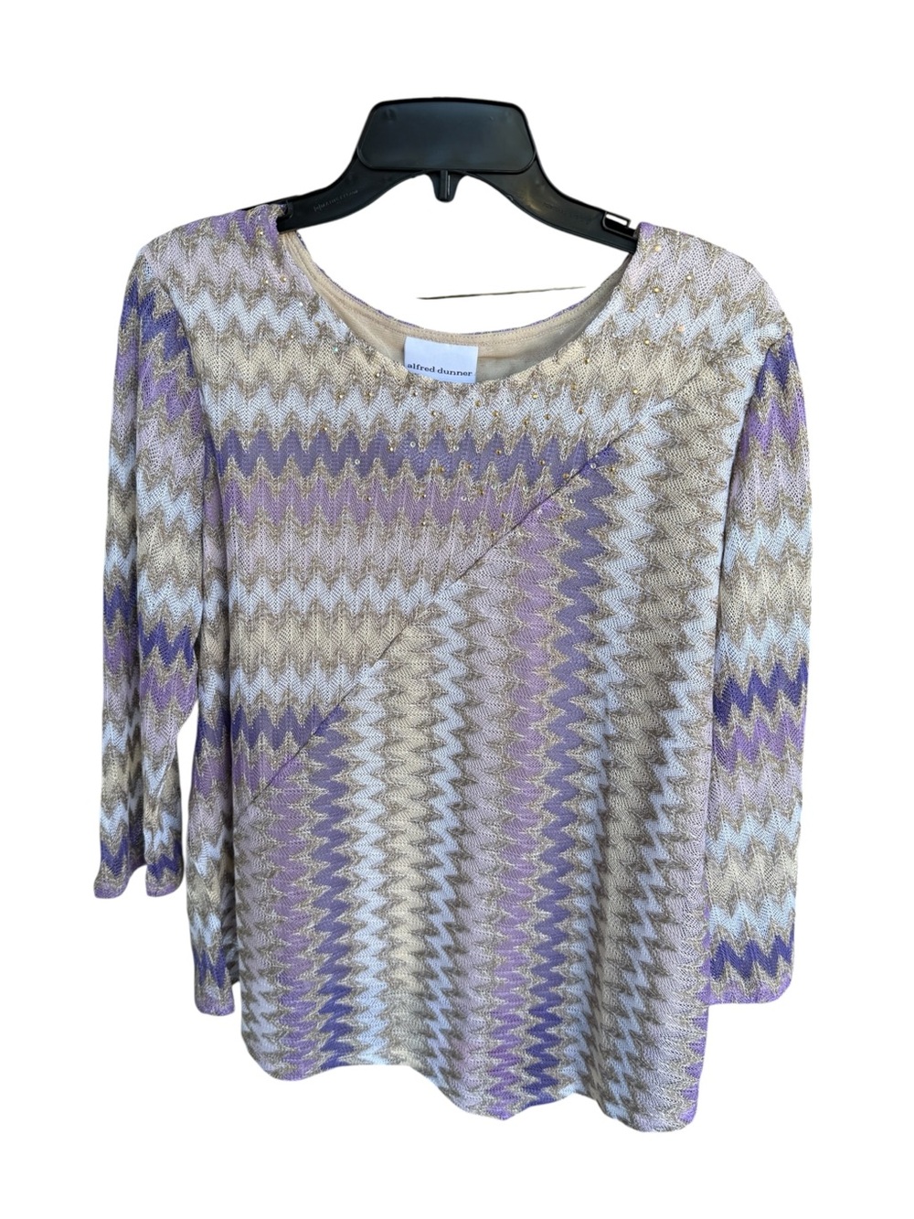 Alfred Dunner NWT Charm School 2024 Purple /Gold Chevron Zig-Zag Knit Top, L